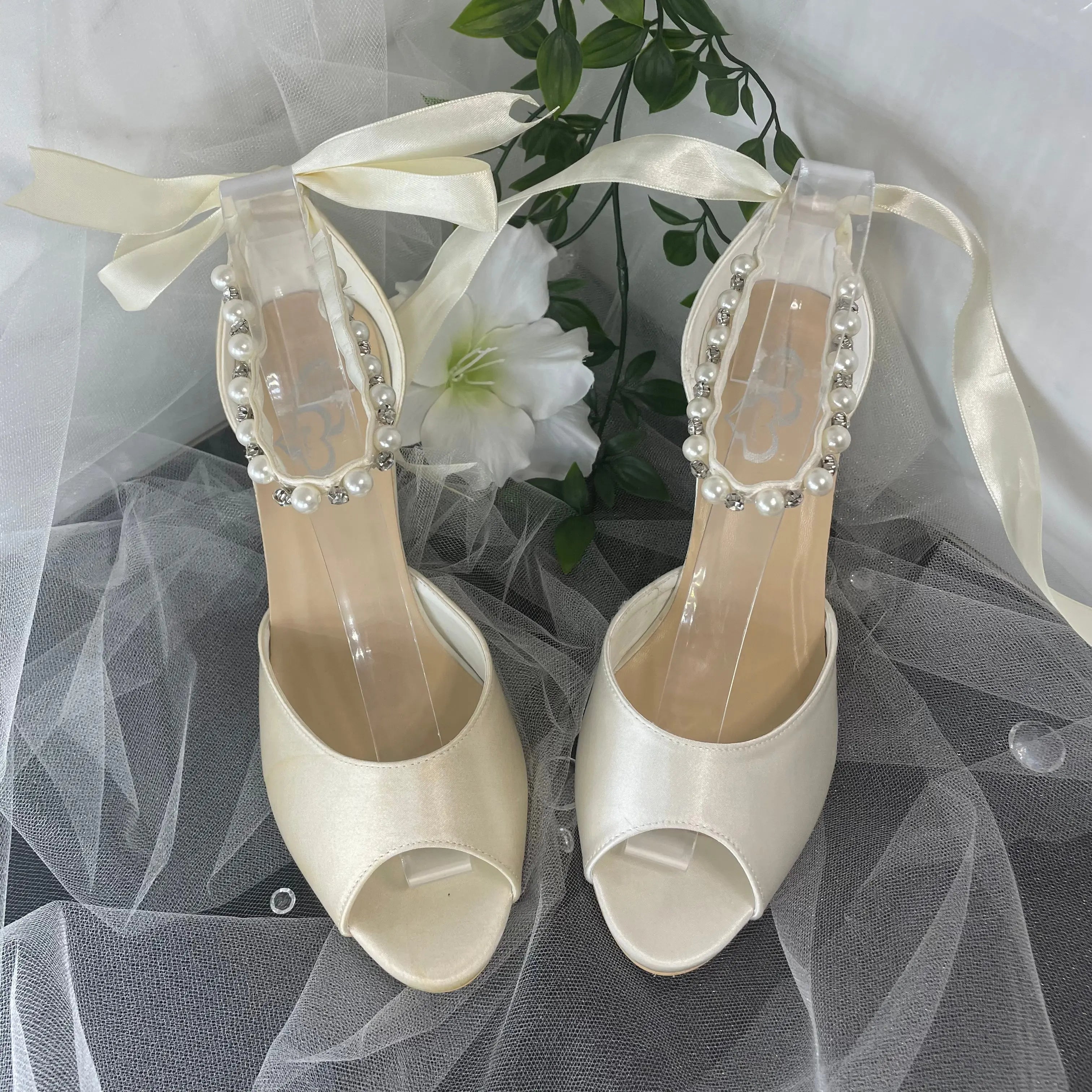 Kaia Open Toe Pearl Ankle Strap Wedding Bridal Shoe.