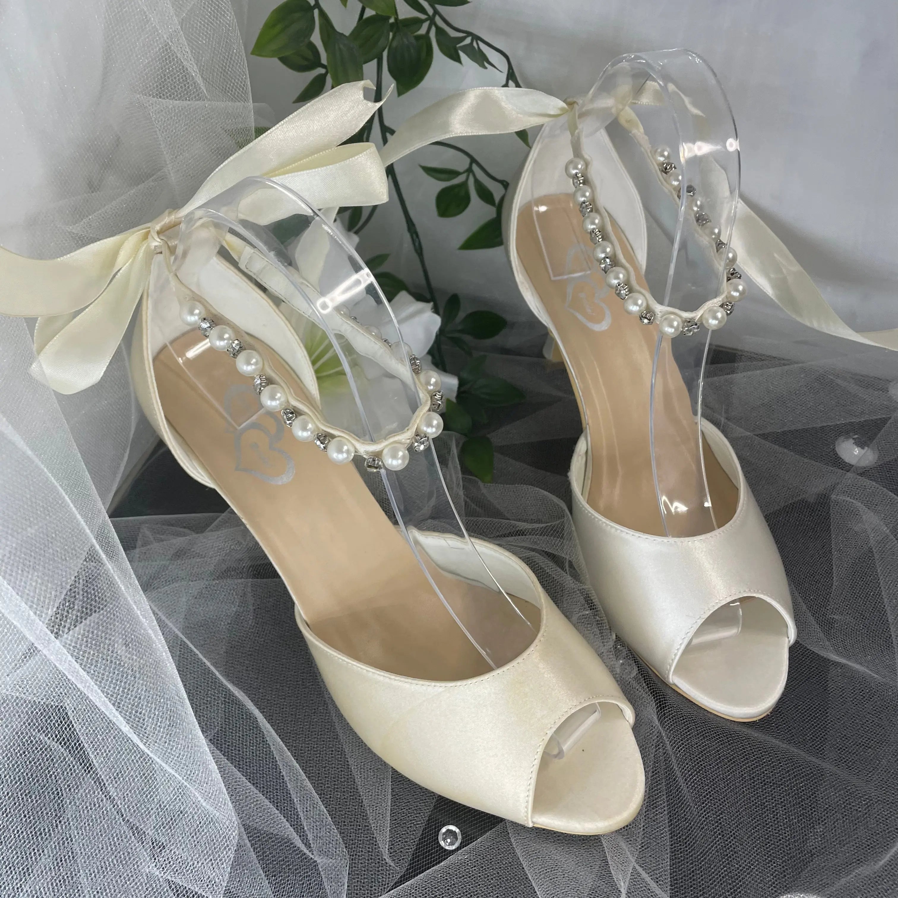 Kaia Open Toe Pearl Ankle Strap Wedding Bridal Shoe.