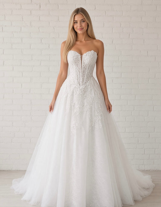 Lilly white strapless lace appliqué deb ball dress, front view on model with sweetheart bodice, pearl detail and full tulle skirt