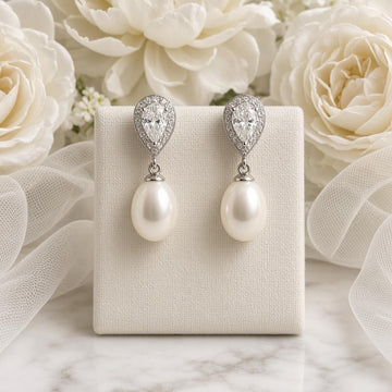 Genuine freshwater pearl drop earrings in 925 silver with teardrop crystal – bridal product photo