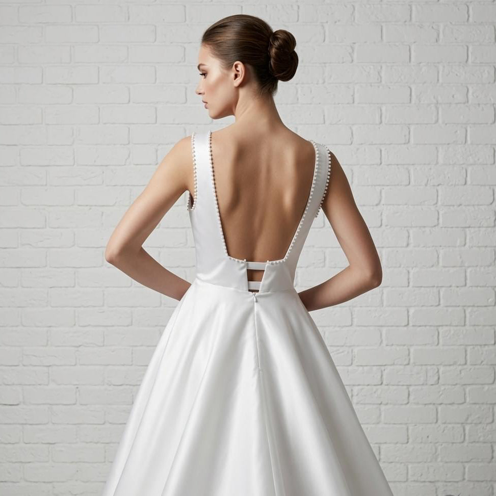 Back view of elegant white satin debutante dress with open back, pearl-beaded straps, and button closure.