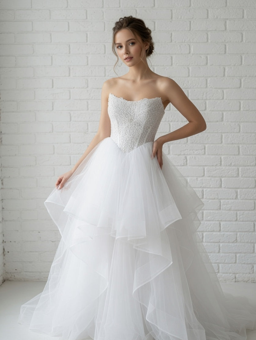 Loretta Lace Beaded Strapless Ruffled Tulle White Debutante Ball Gown front view - elegant lace corset and dramatic ruffled skirt