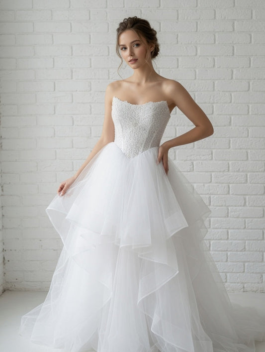 Loretta Lace Beaded Strapless Ruffled Tulle White Debutante Ball Gown front view - elegant lace corset and dramatic ruffled skirt