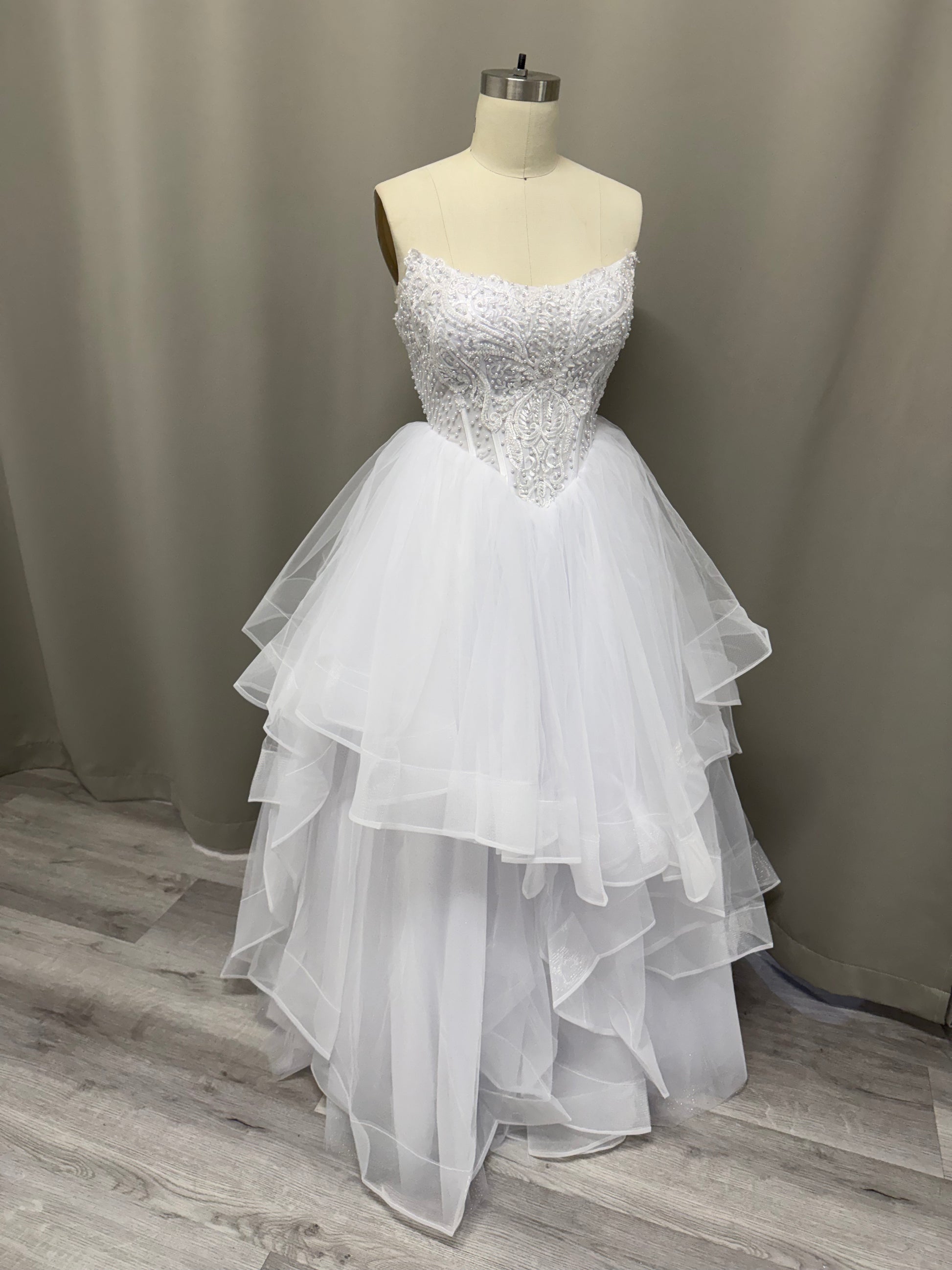 Loretta Lace Beaded Strapless Debutante Ball Gown full view - white lace corset with voluminous ruffled tulle skirt