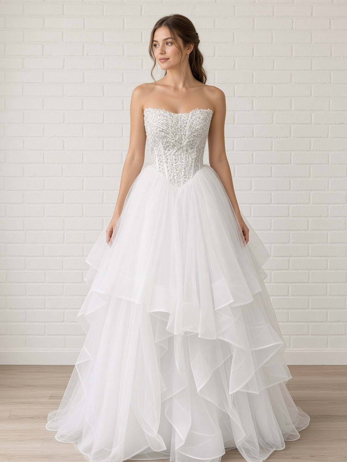 Loretta V1 white pearl debutante dress, front view on mannequin with lace corset and full ruffle skirt