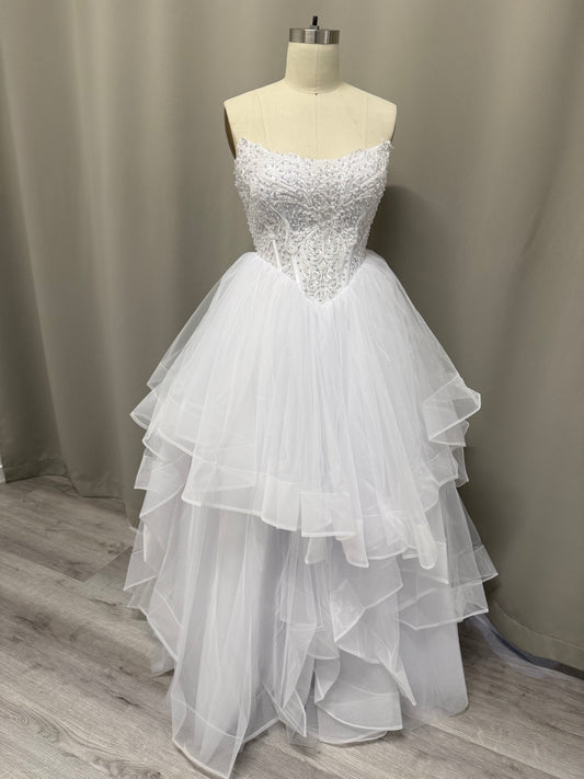 Loretta Lace Beaded Strapless Debutante Ball Gown on mannequin - heavily beaded lace bodice with layered ruffled skirt