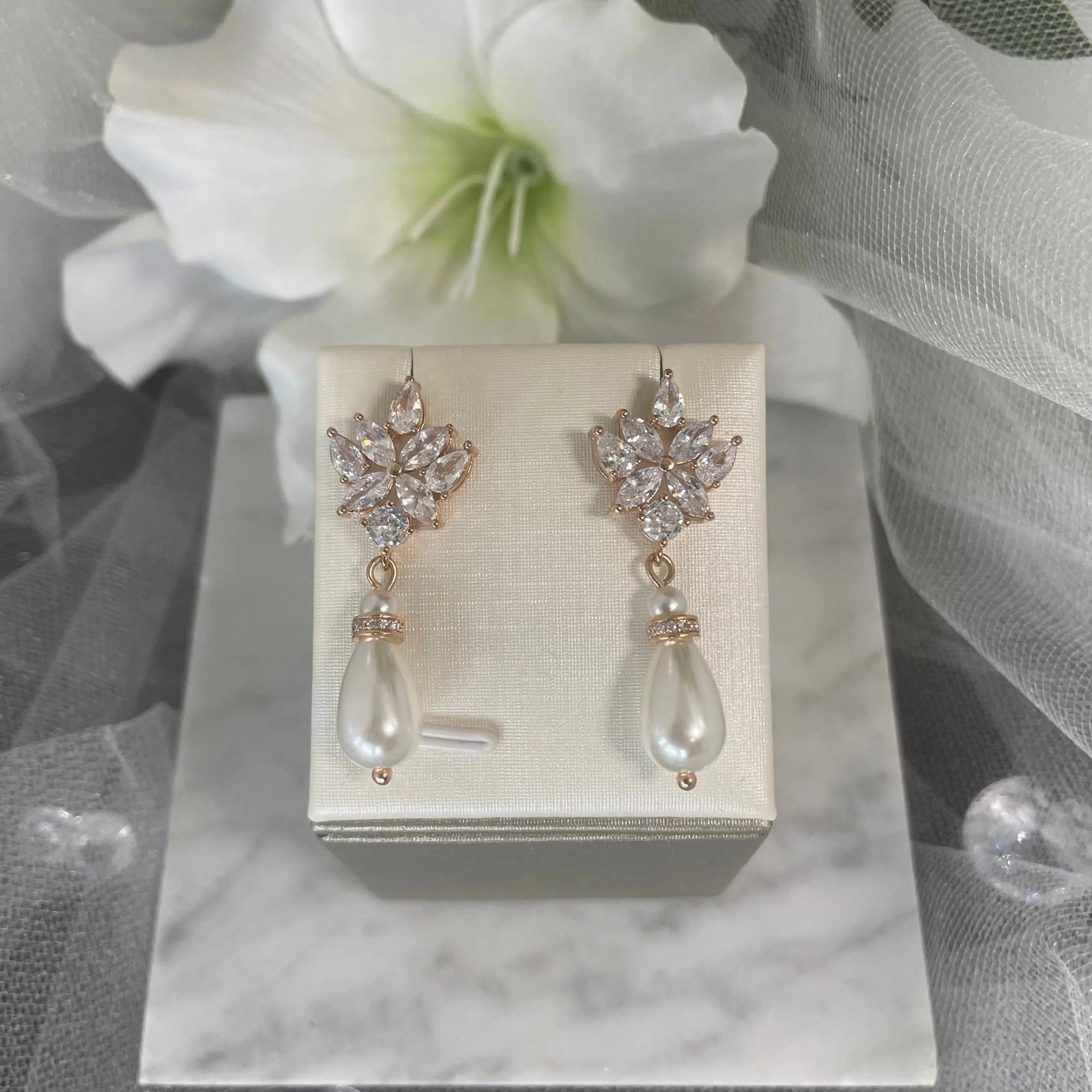 Lorraine Crystal & Pearl Wedding Earrings.