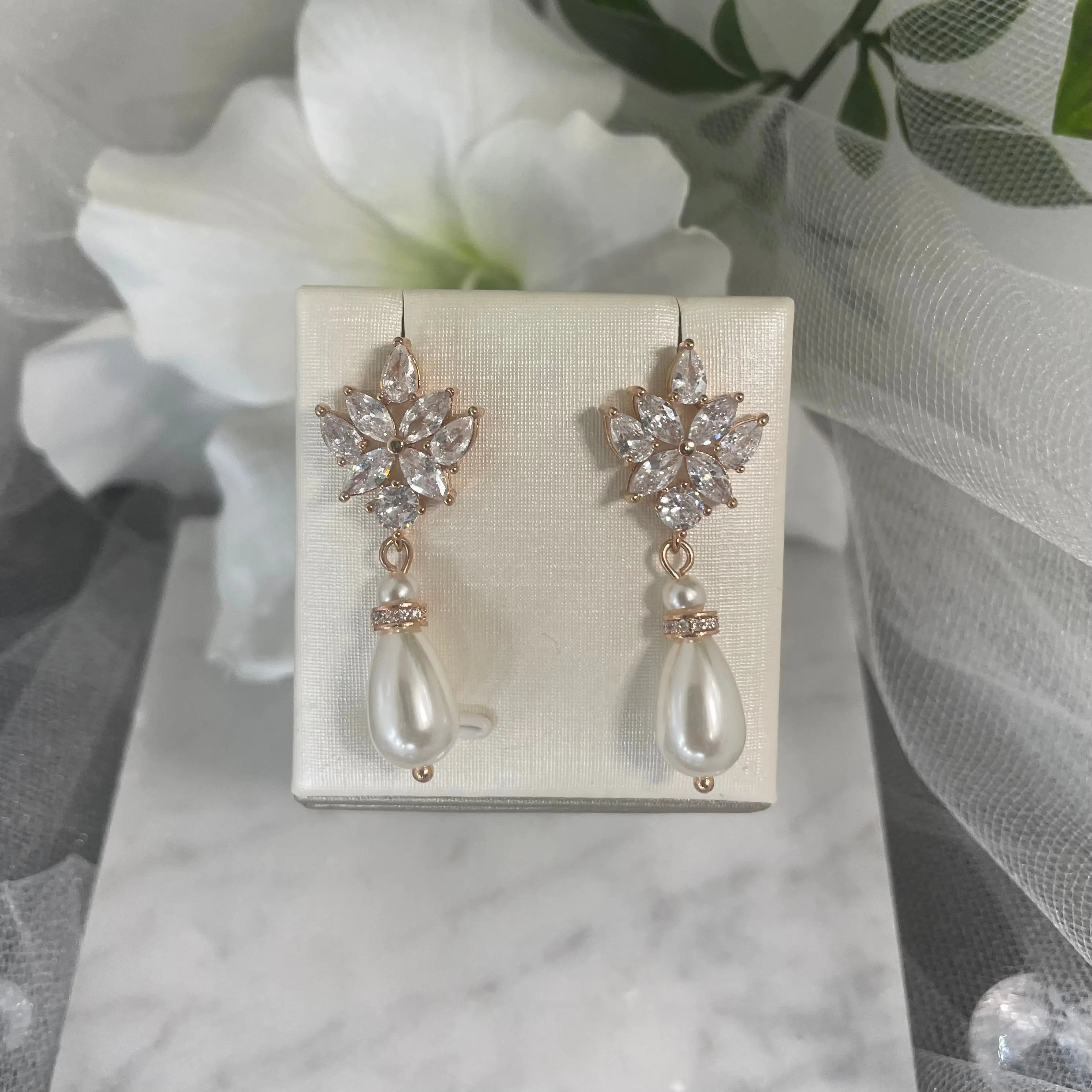 Lorraine Crystal & Pearl Wedding Earrings.