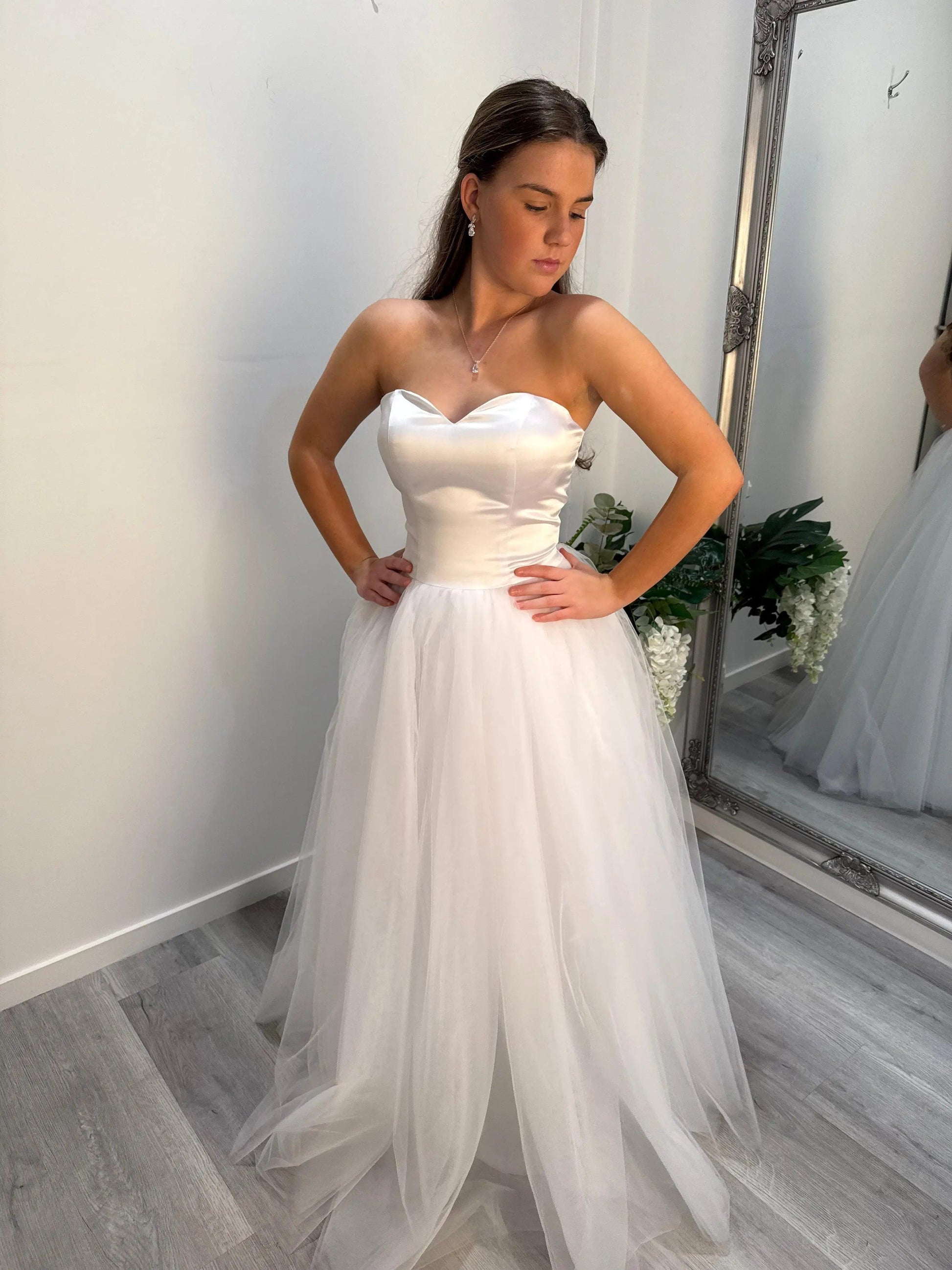 Lucille White Deb Dress Classic A-Line Elegance with Sweetheart Bodice | Divine Bridal Lucille White Deb Dress Classic A-Line Elegance with Sweetheart Bodice | Divine Bridal