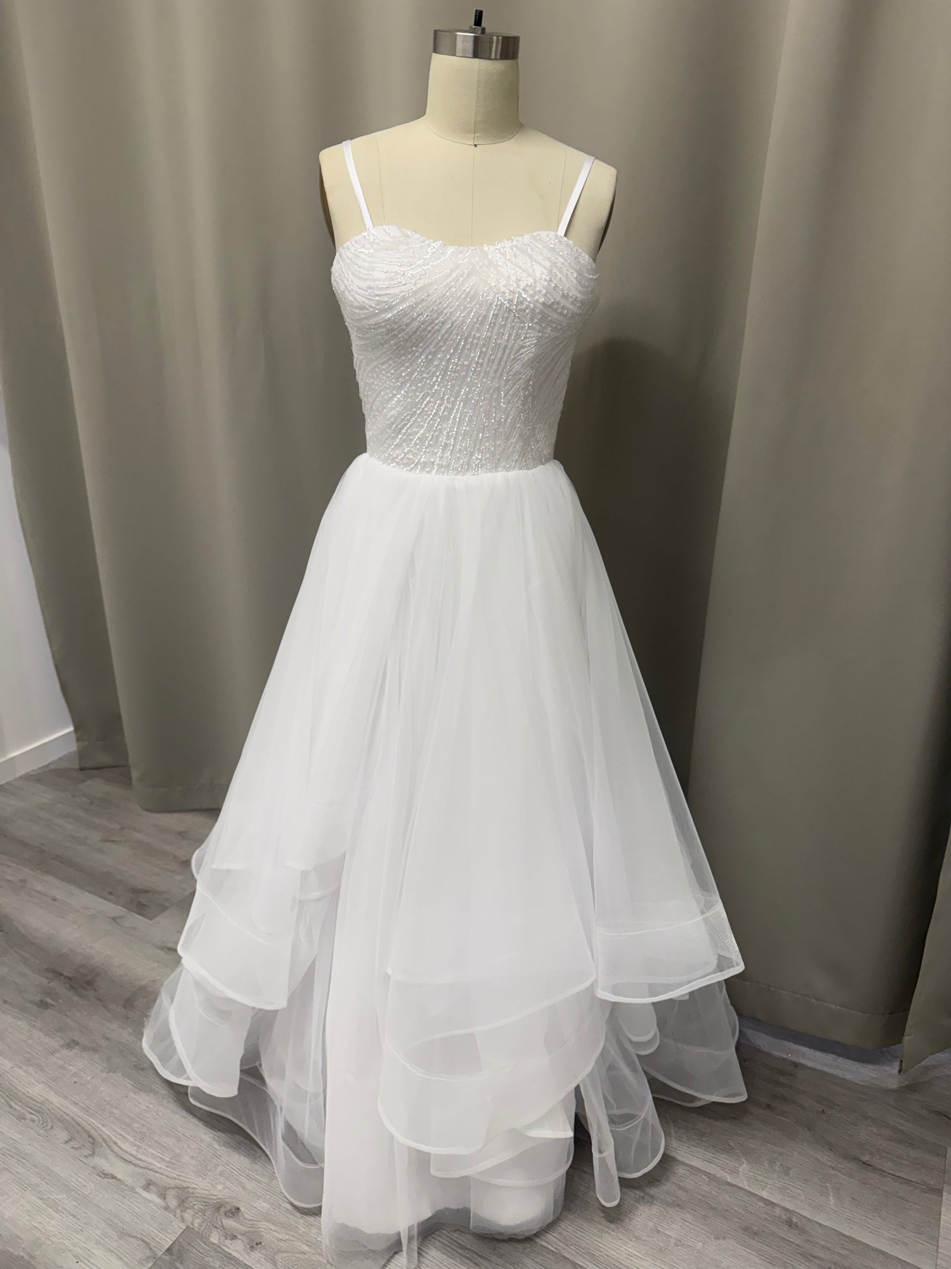 Luna Beaded Strapless Debutante Ball Gown on mannequin - heavily beaded sweetheart corset with ruffled tulle skirt
