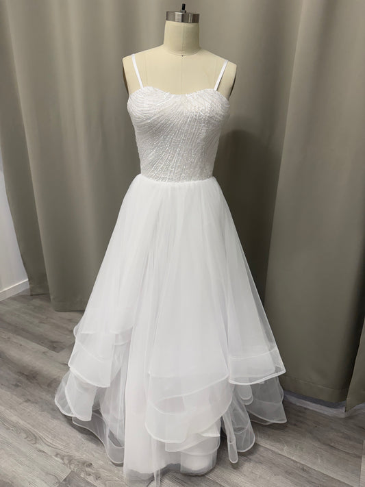 Luna Beaded Strapless Debutante Ball Gown on mannequin - heavily beaded sweetheart corset with ruffled tulle skirt