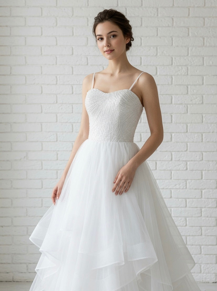 Luna Beaded Strapless Sweetheart Ruffled Tulle Debutante Ball Gown - elegant white beaded bodice with full ruffled tulle skirt