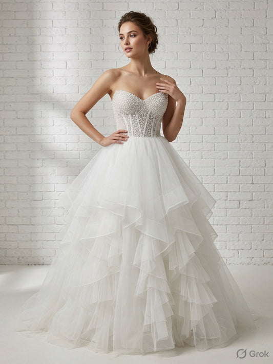 LyraRuffled Pearl Beaded Strapless White Debutante Ball Gown front view - sparkling pearl corset and dramatic ruffled tulle skirt