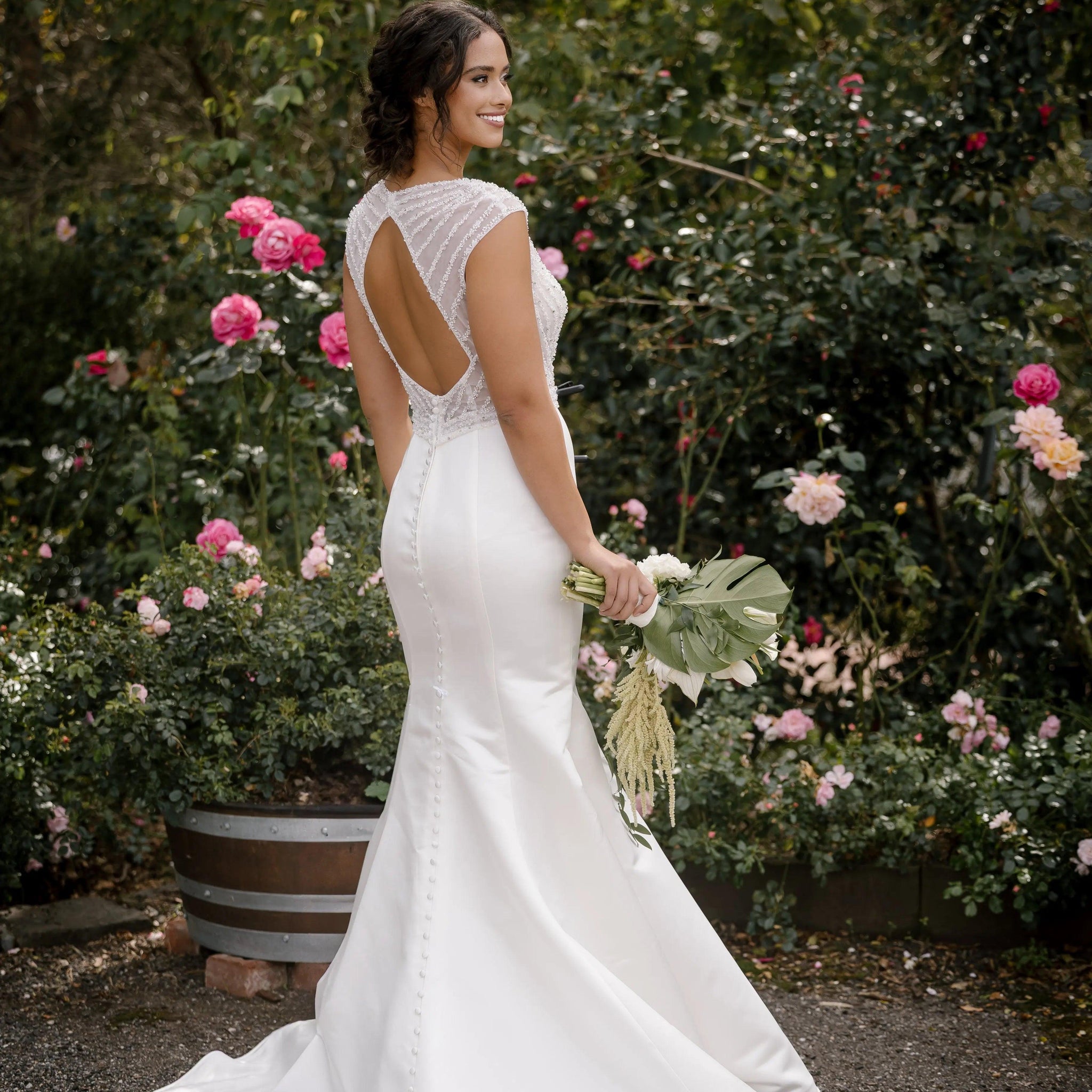 Satin Fit and Flare Wedding Dress with Hand-Beaded Bodice and Belt Seraphina | Divine Bridal Satin Fit and Flare Wedding Dress with Hand-Beaded Bodice and Belt Seraphina | Divine Bridal