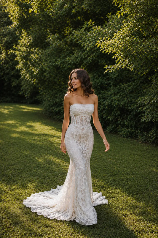 Front view of the Marilyn strapless fitted wedding gown with elegant silhouette at Divine Bridal Macleod