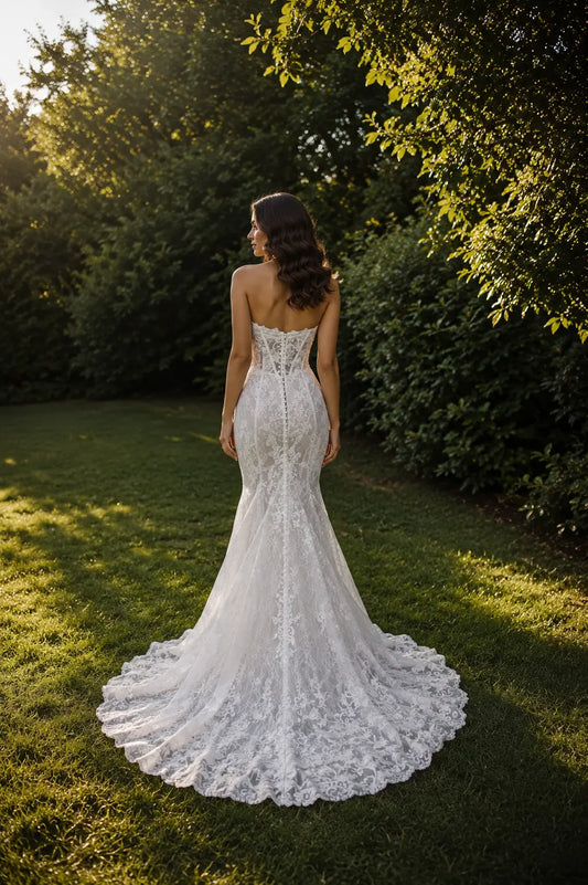 Back view of the Marilyn strapless fitted wedding gown with detailed back and train