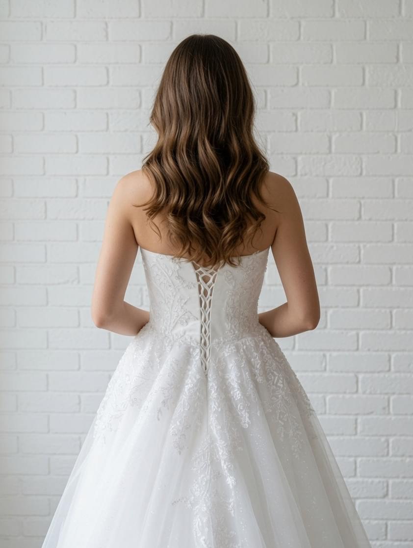 Elegant white debutante dress with a low V-back, floral lace detailing and a full A-line tulle skirt.