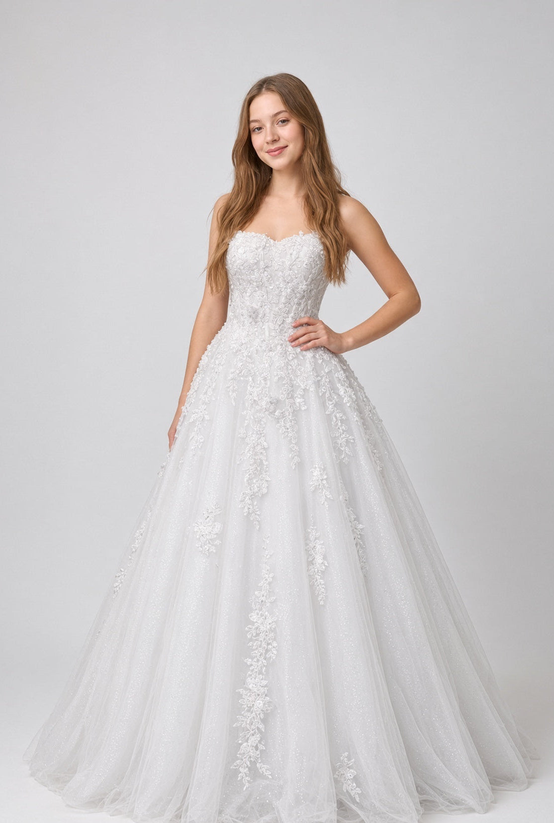 Maya V1 white floral lace debutante dress, front view on Model