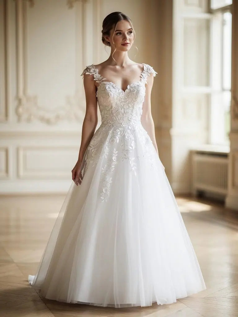 Woman wearing a white debutante dress in an elegant room with large windows.
