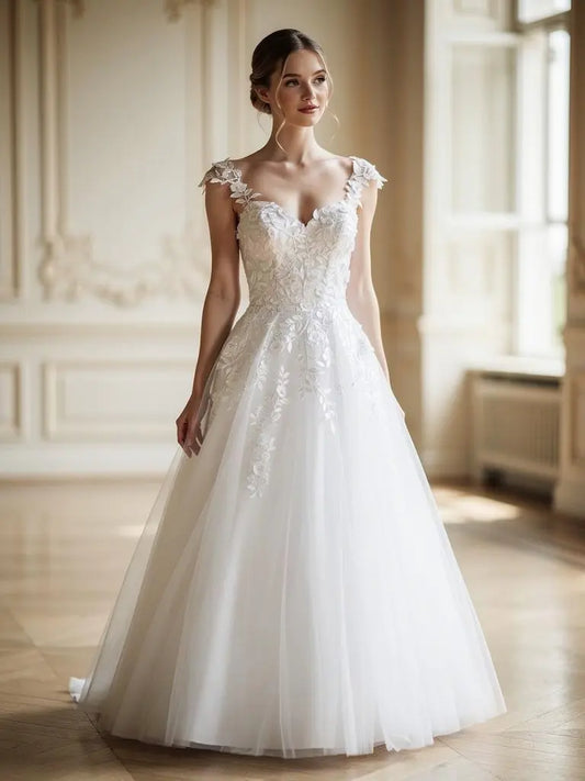 Woman wearing a white debutante dress in an elegant room with large windows.