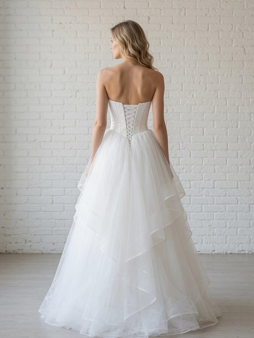 White debutante dress featuring a lace-up corset back with visible boning and a voluminous layered tulle skirt with cascading ruffle accents.