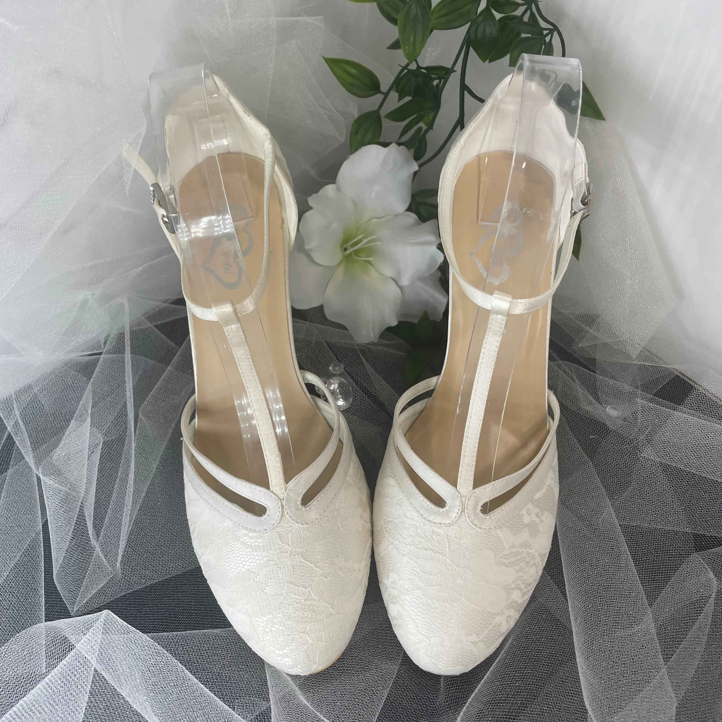 Misty Lace Closed Toe T-bar Ankle Strap Wedding Bridal Shoe.
