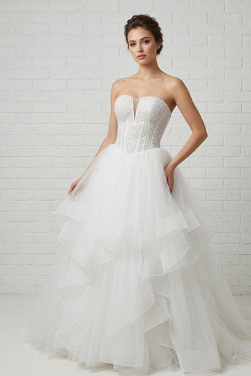 Ophelia Ruffled Pearl Beaded Strapless White Debutante Ball Gown front view - heavily embellished pearl corset and dramatic ruffled tulle skirt