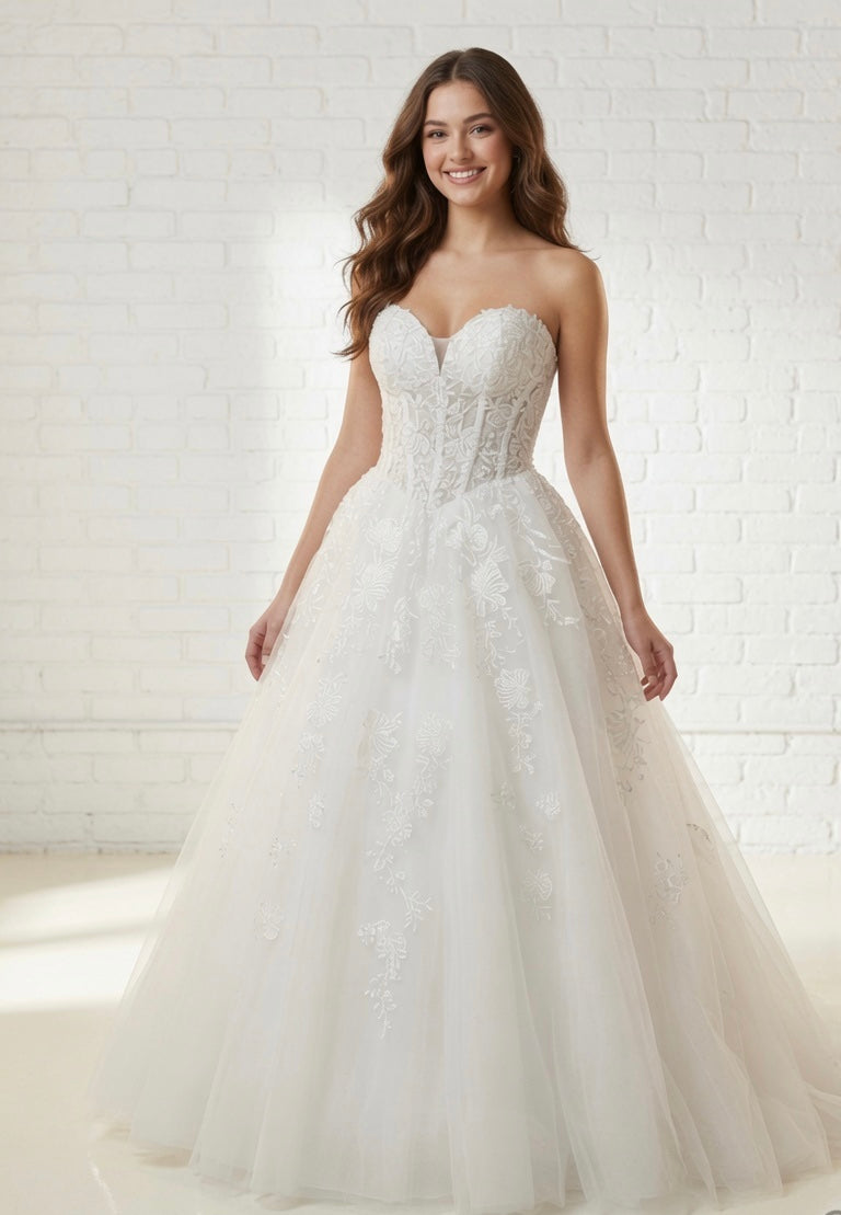 Paris Lace Strapless White Debutante Ball Gown front view - sweetheart neckline and floral lace details