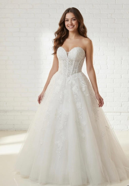 Paris Lace Strapless White Debutante Ball Gown front view - sweetheart neckline and floral lace details