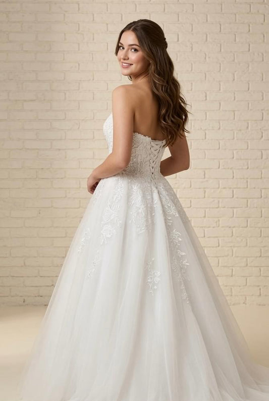 Paris Lace Strapless Debutante Dress back view showing corset lace-up back and flowing tulle skirt
