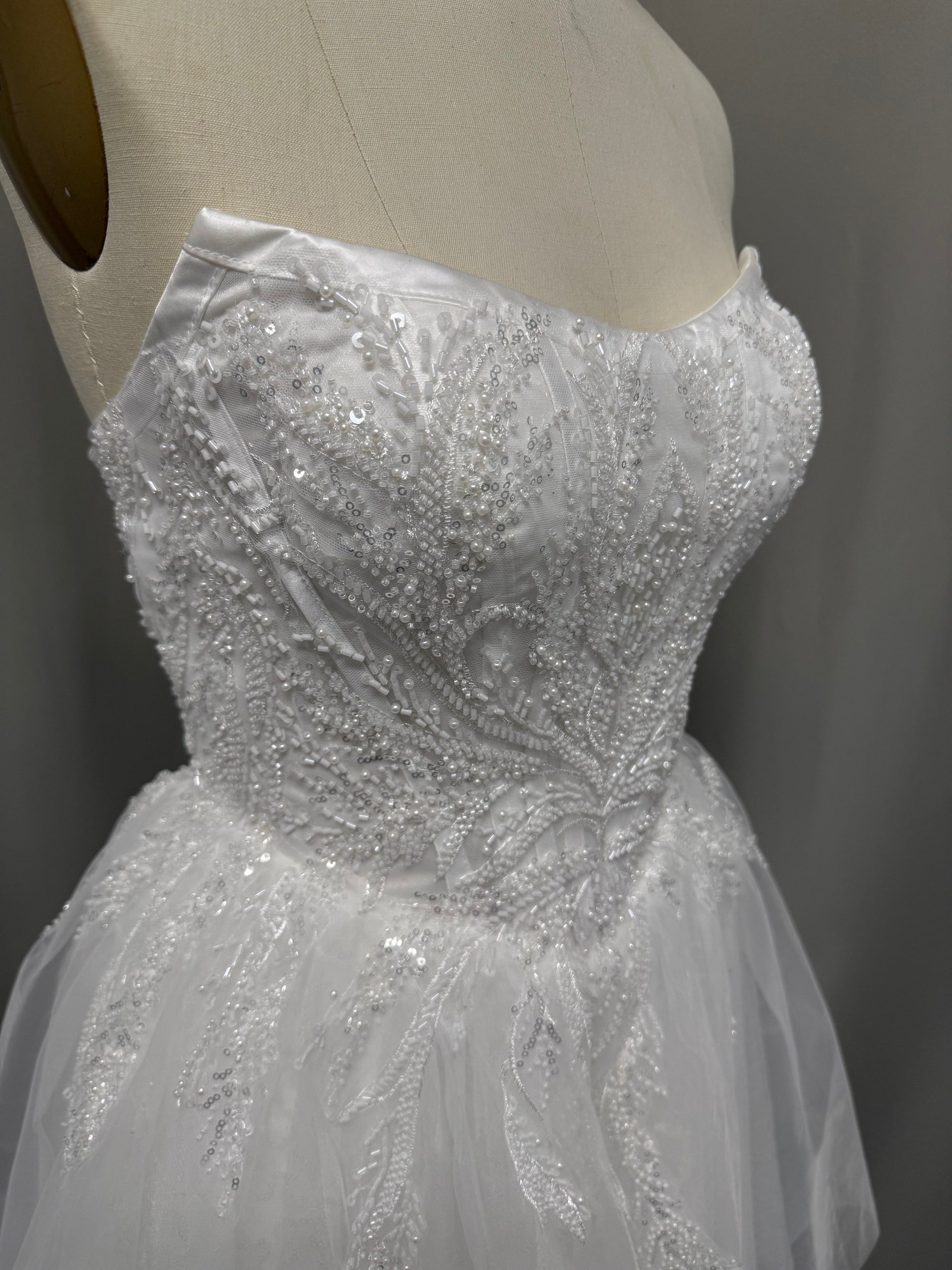 Pearl corset mini wedding dress bodice close-up — pearls, beads and sequins | Divine Bridal Melbourne