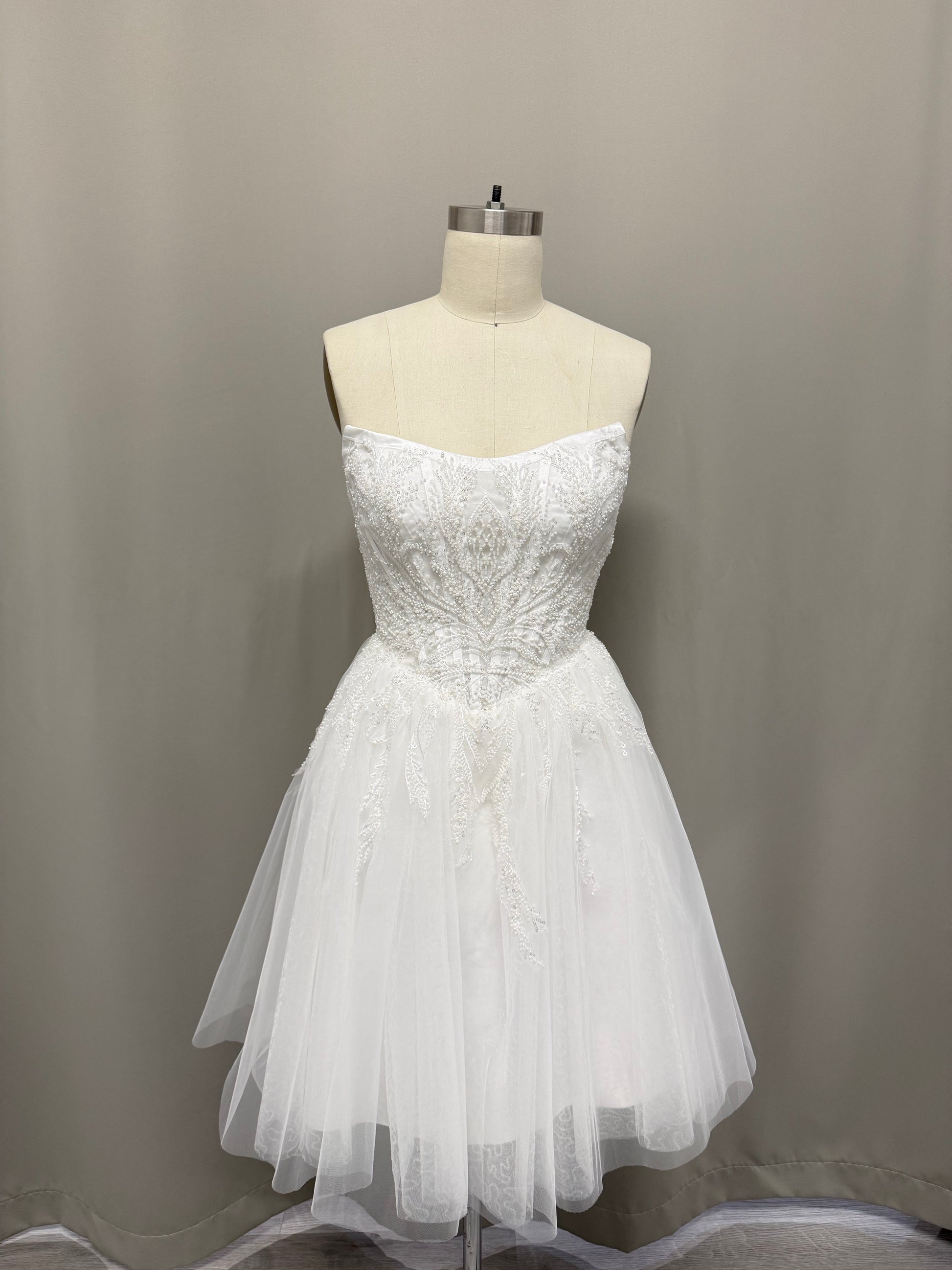 Pearl corset mini wedding dress front — strapless beaded bodice and tulle skirt | Divine Bridal Melbourne