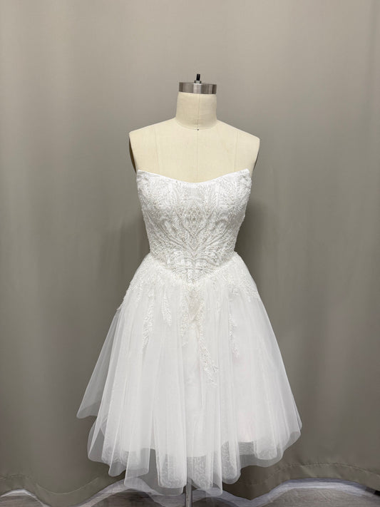 Pearl corset mini wedding dress front — strapless beaded bodice and tulle skirt | Divine Bridal Melbourne