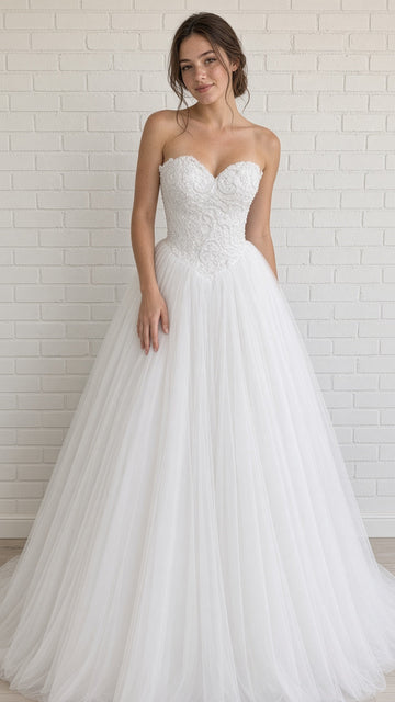 Periana V1 white formal debutante dress, front view on m0del with pearl lace corset and full tulle skirt