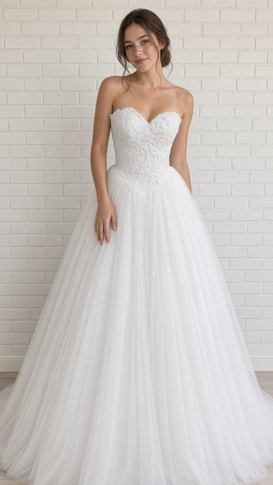 Periana V1 white formal debutante dress, front view on m0del with pearl lace corset and full tulle skirt