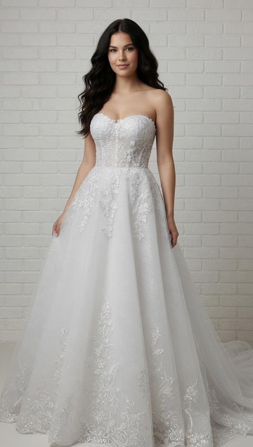 Strapless white debutante ball gown with sweetheart lace corset bodice and full floral tulle skirt.