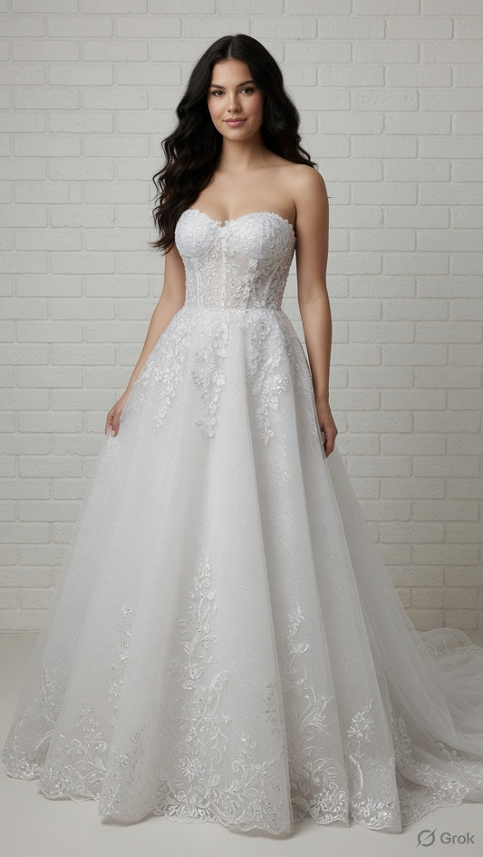 Strapless white debutante ball gown with sweetheart lace corset bodice and full floral tulle skirt.