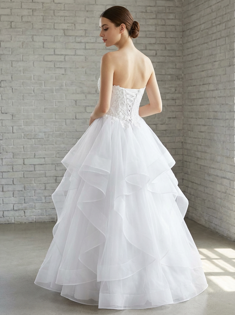 Back view of the Ruby lace ruffle debutante dress Melbourne with lace details