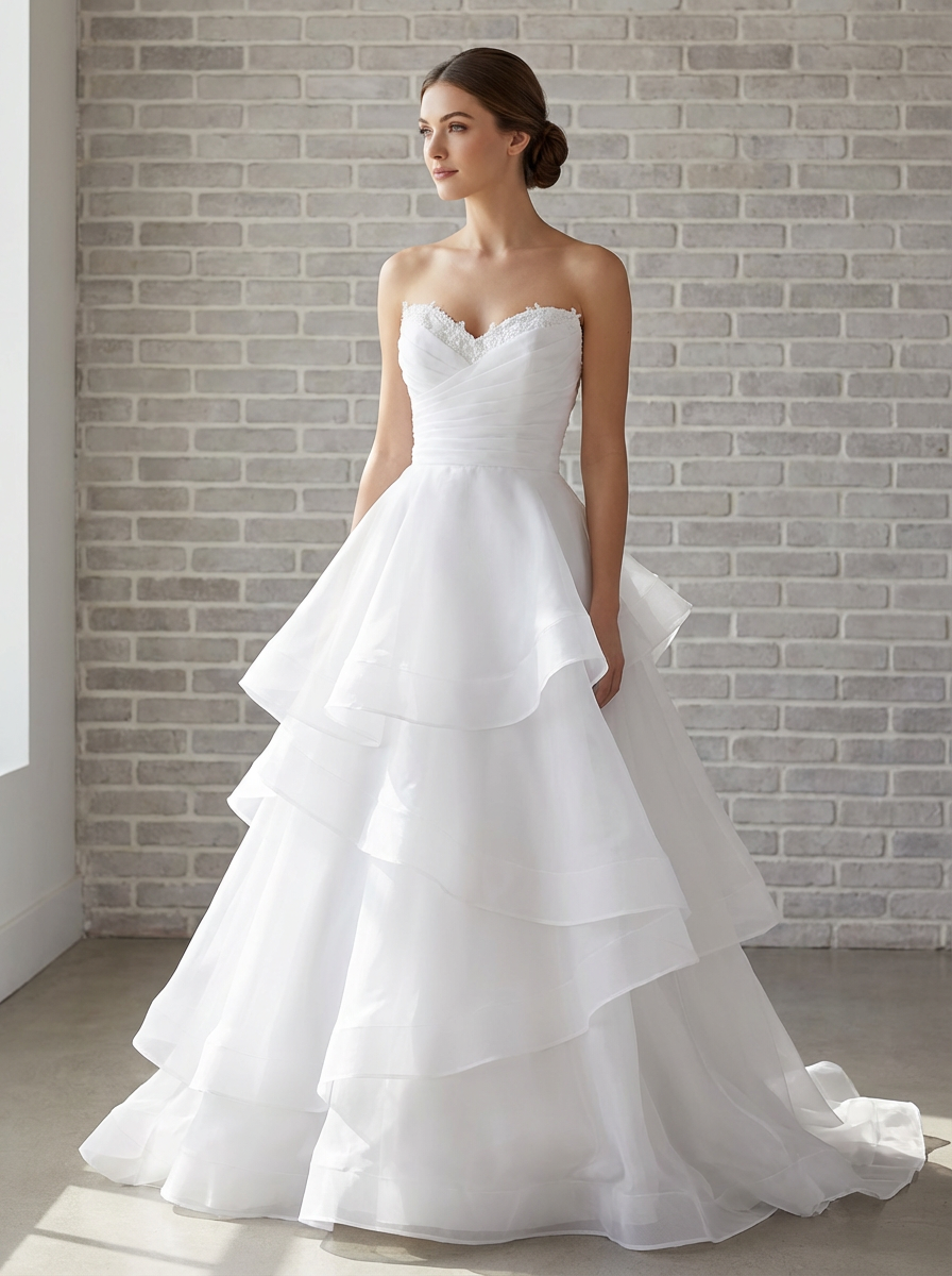 Front view of the Sadie layered skirt debutante dress Melbourne with lace bodice details at Divine Bridal Macleod