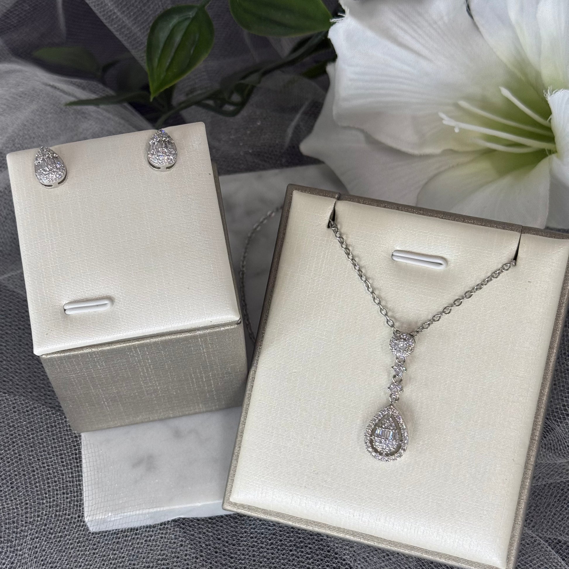 Seraphina CZ Bridal Jewellery Set front view – necklace and stud earrings Divine Bridal