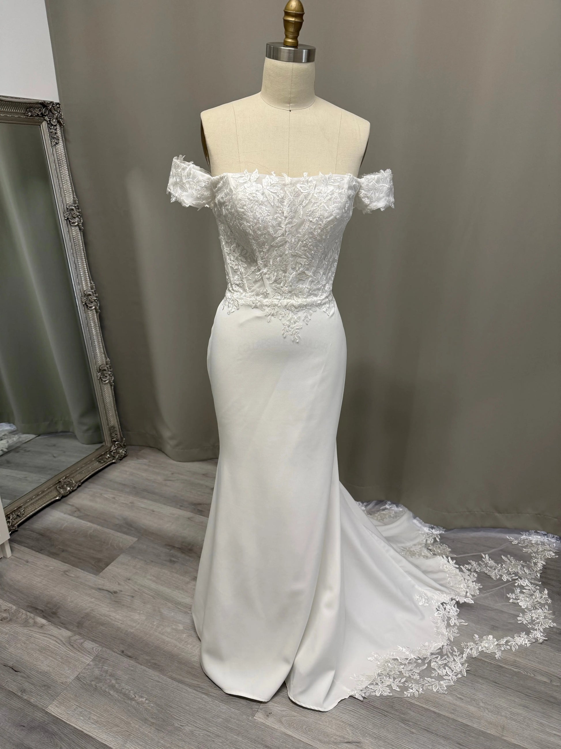Seraphina Off the Shoulder Lace Mermaid Wedding Dress with Train | Divine Bridal Melbourne.