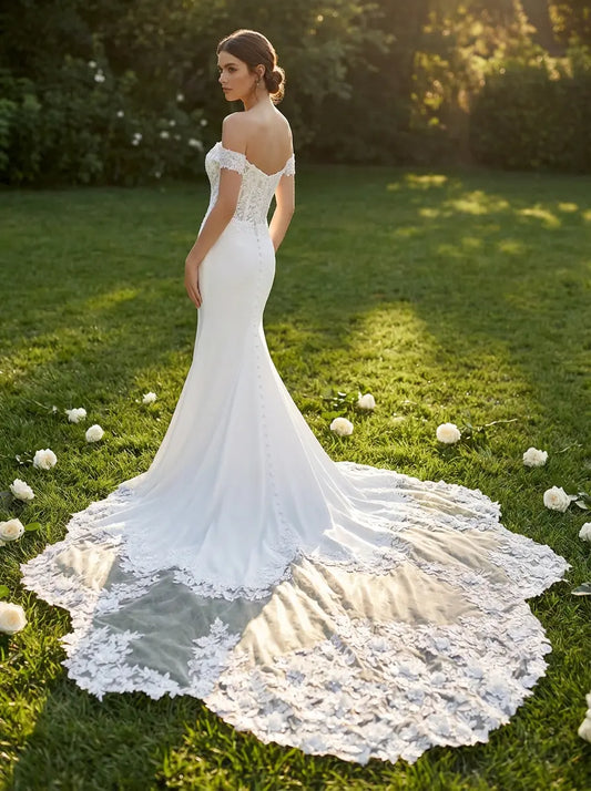 Seraphina Off the Shoulder Lace Mermaid Wedding Dress with Train | Divine Bridal Melbourne.