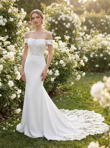 Seraphina Off the Shoulder Lace Mermaid Wedding Dress with Train | Divine Bridal Melbourne.