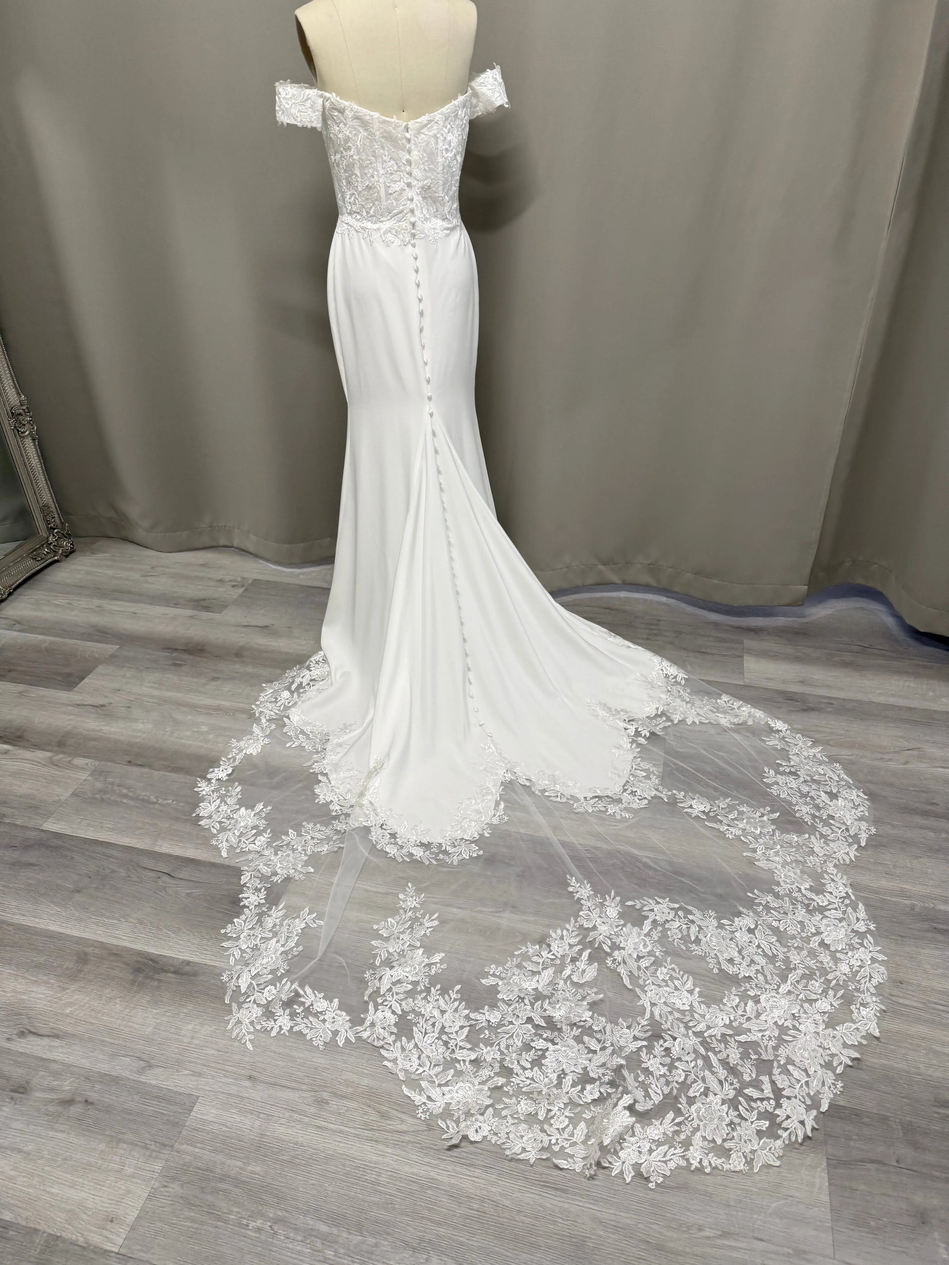 Seraphina Off the Shoulder Lace Mermaid Wedding Dress with Train | Divine Bridal Melbourne.