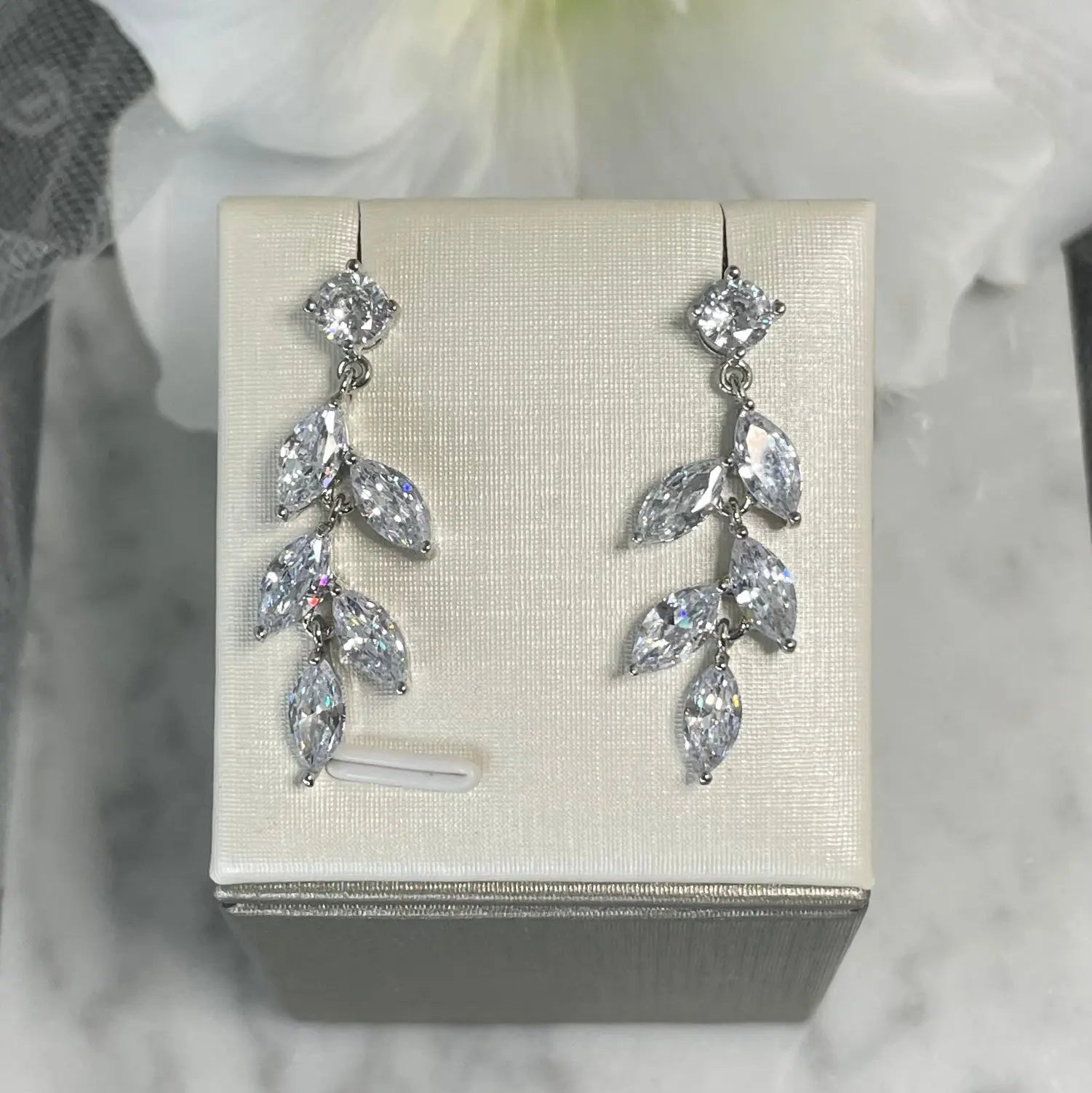Tahlia Cubic Zirconia Leaf Drop Earrings: Delicate Elegance for Weddings.