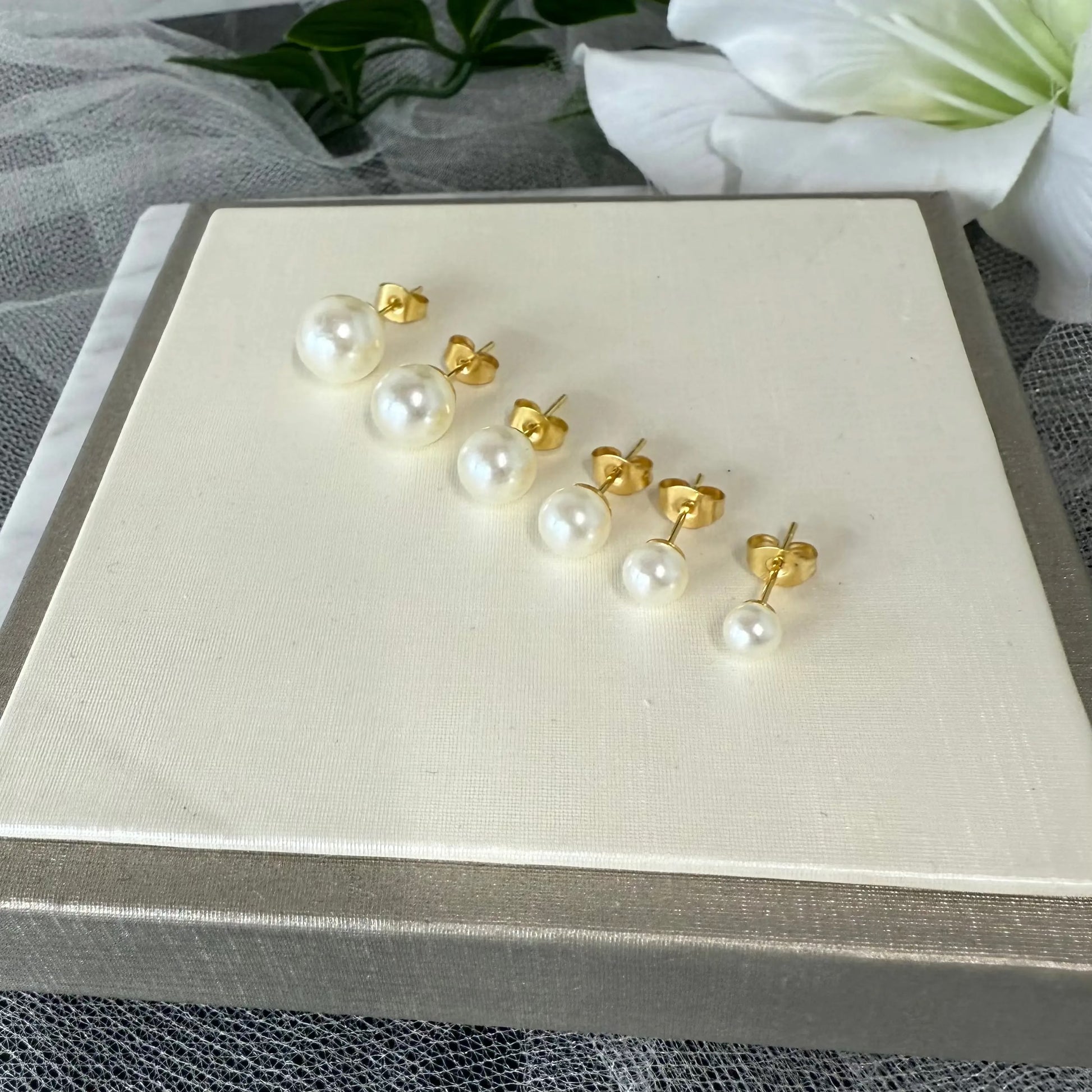 Valentina 14K Gold Plated Freshwater Pearl Stud Earrings front view – AAA+ pearls on sterling silver posts Divine Bridal