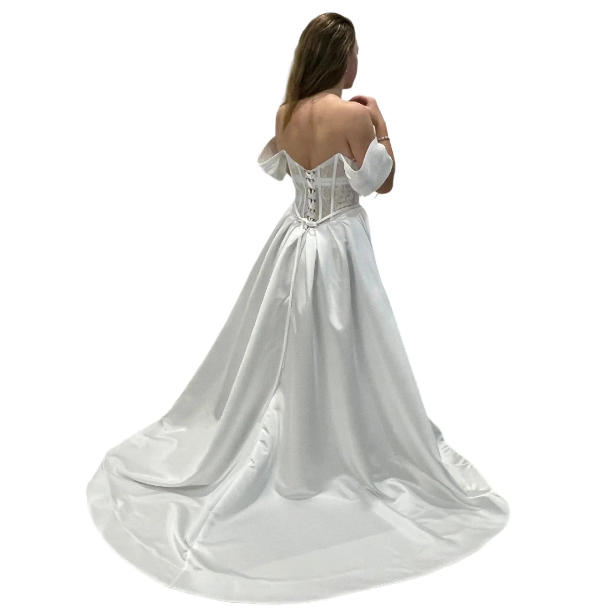 Back view of Vallorie Debutante Dress with lace corset bodice and flowing satin A-line skirt, emphasizing its graceful silhouette and elegant fit.