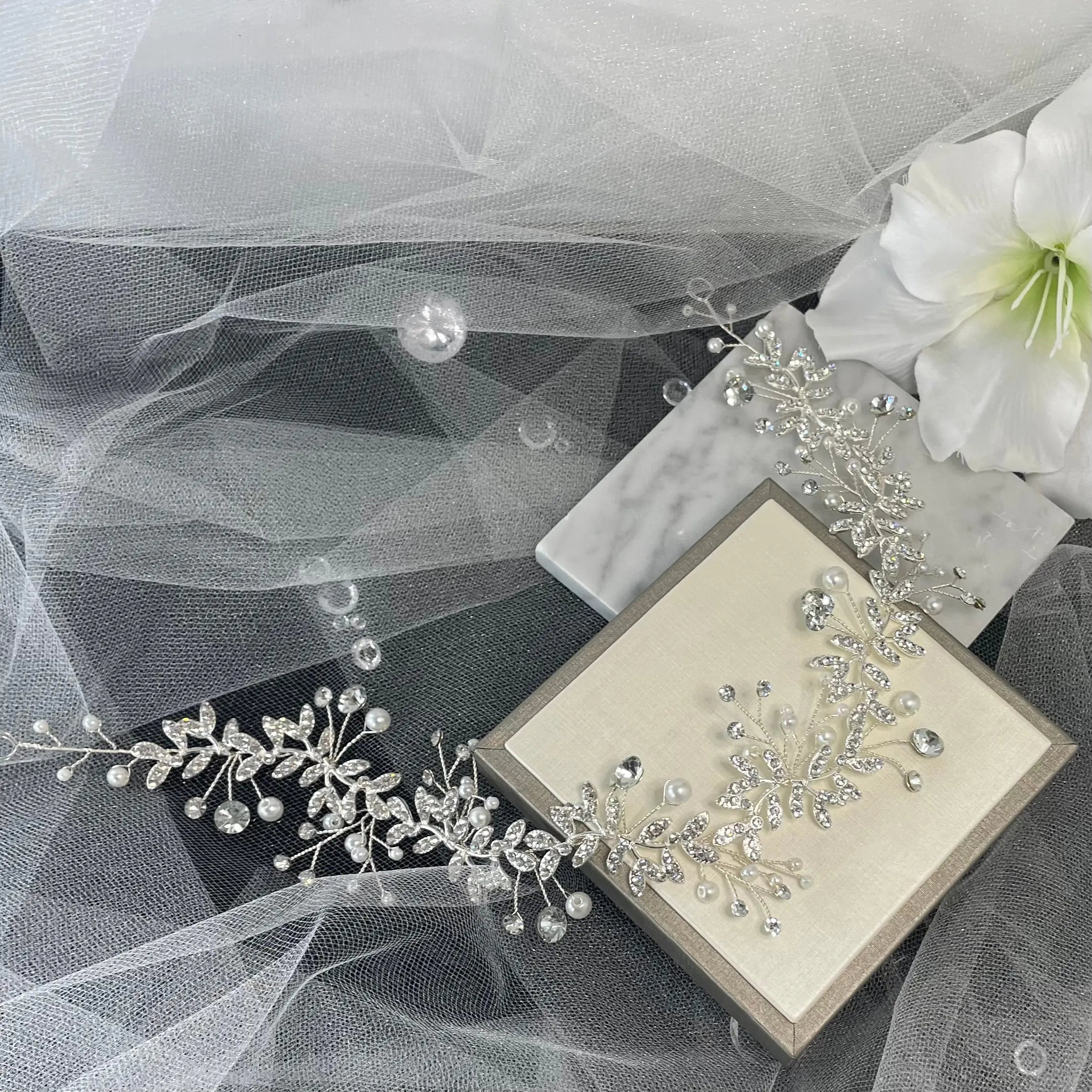Violet Crystal and Pearl Heaven Hair Vine: Ethereal Bridal Elegance.