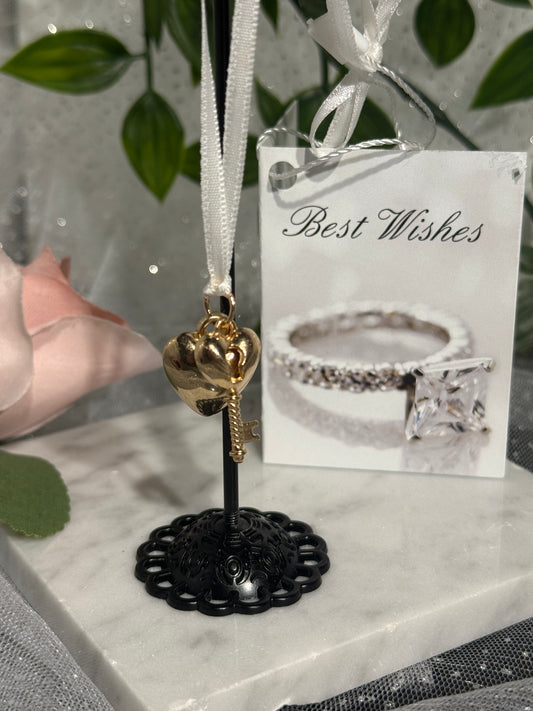Gold Heart Key Wrist Charm styled with Best Wishes card - elegant gold heart and key pendant charm