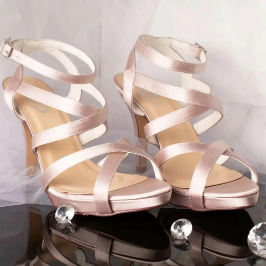 Bree Cross Over Straps Open Toe Stiletto Wedding Bridal Shoe.